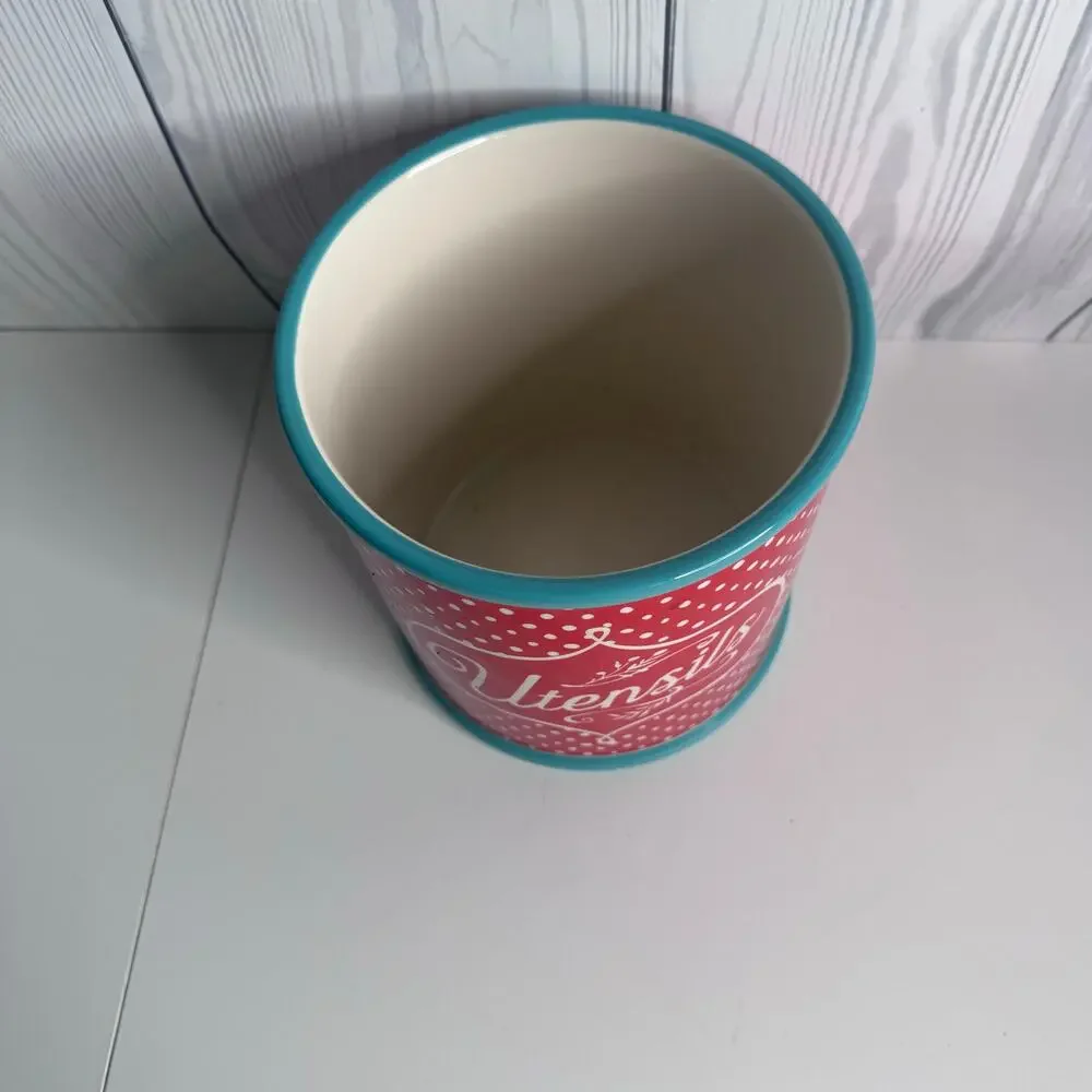 Pioneer Woman Polka Dot Utensil Crock Red Teal Utensil Holder Stoneware
